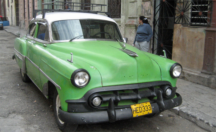 early 1950s Chevy green with black bumpers