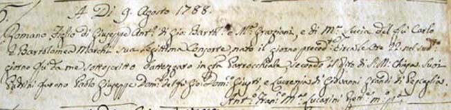 Romano Graziani's 1788 baptismal certificate