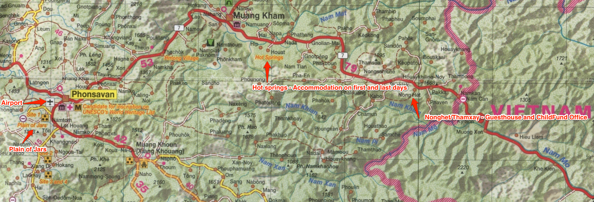 Annotated map of our tour to Xieng
        Khouang