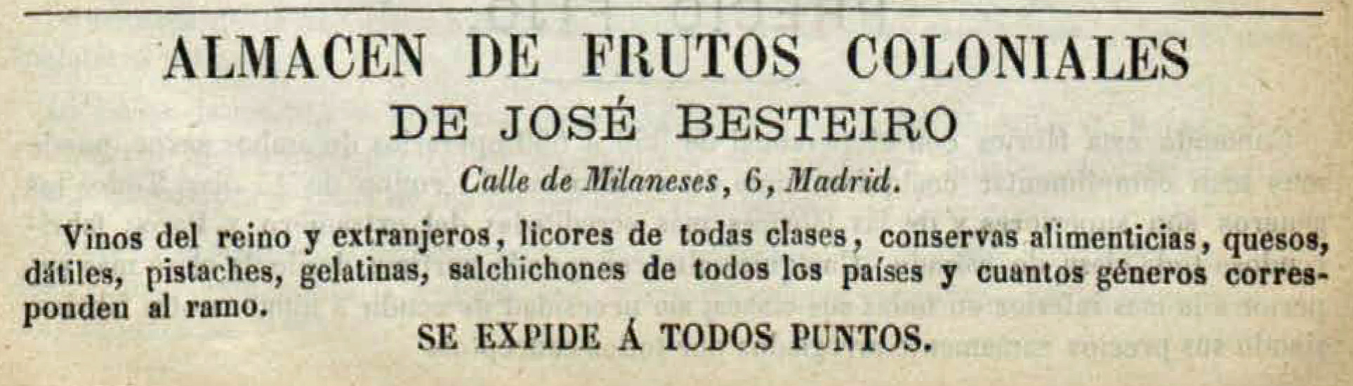 Advertisement for Jose Beteiro Guiza's store